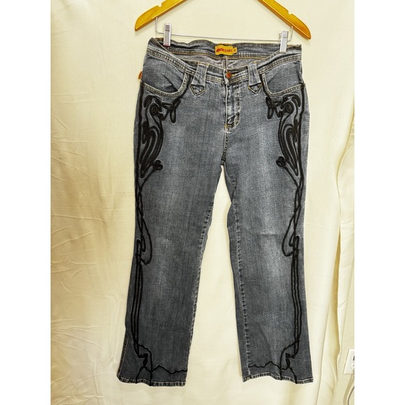 Bisou Bisou Denim - Bisou Women's Jeans Size 12 Black Embroidery Wide Leg 32" Inseam Y2K